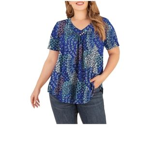 Folunsi Women's Blue Patterned Casual V-neck Top 4X